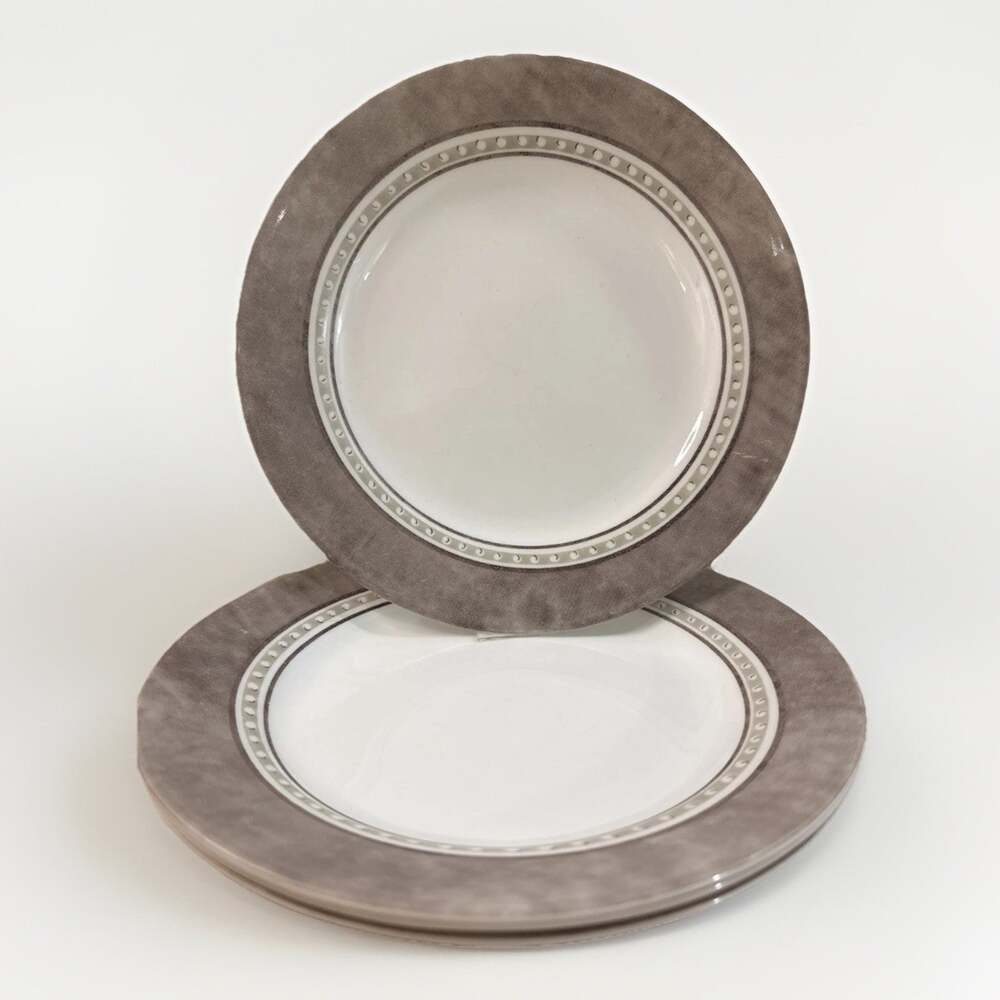 4 Corelle Pewter Luncheon Salad Plates 8.5" Vitrelle Glass Grey Brown Band USA